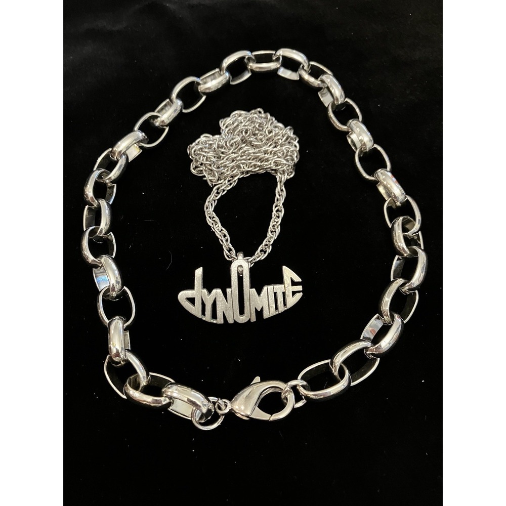 Dynomite Silver Tone Hip Hop Pendant Necklace & Cuban Link Choker Chain Set